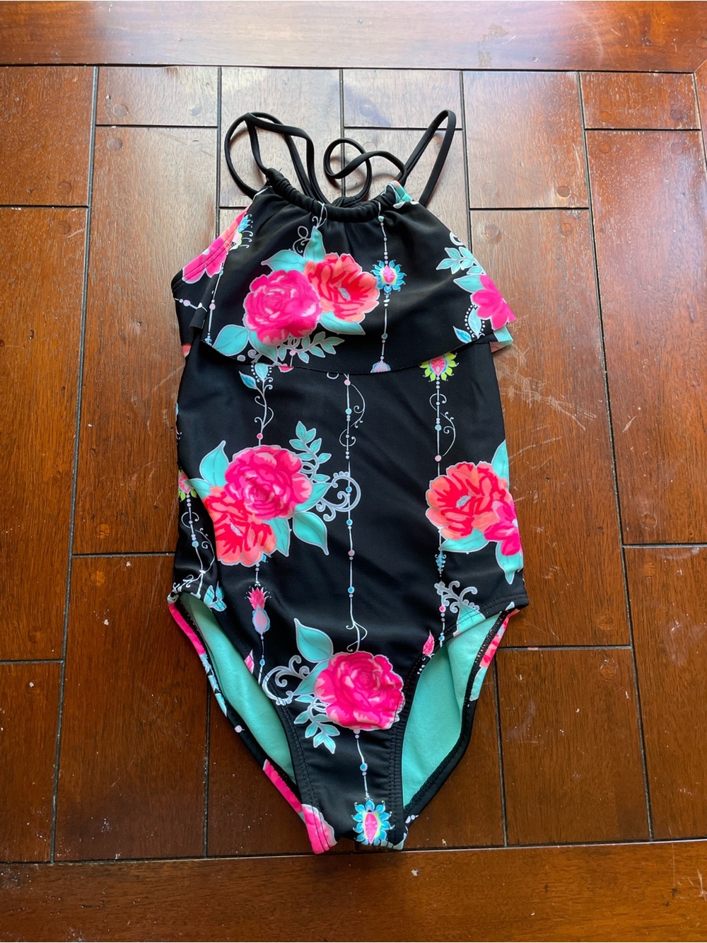 wonder nation Black One-Piece Swimsuit with Pink Floral Print and Teal Accents